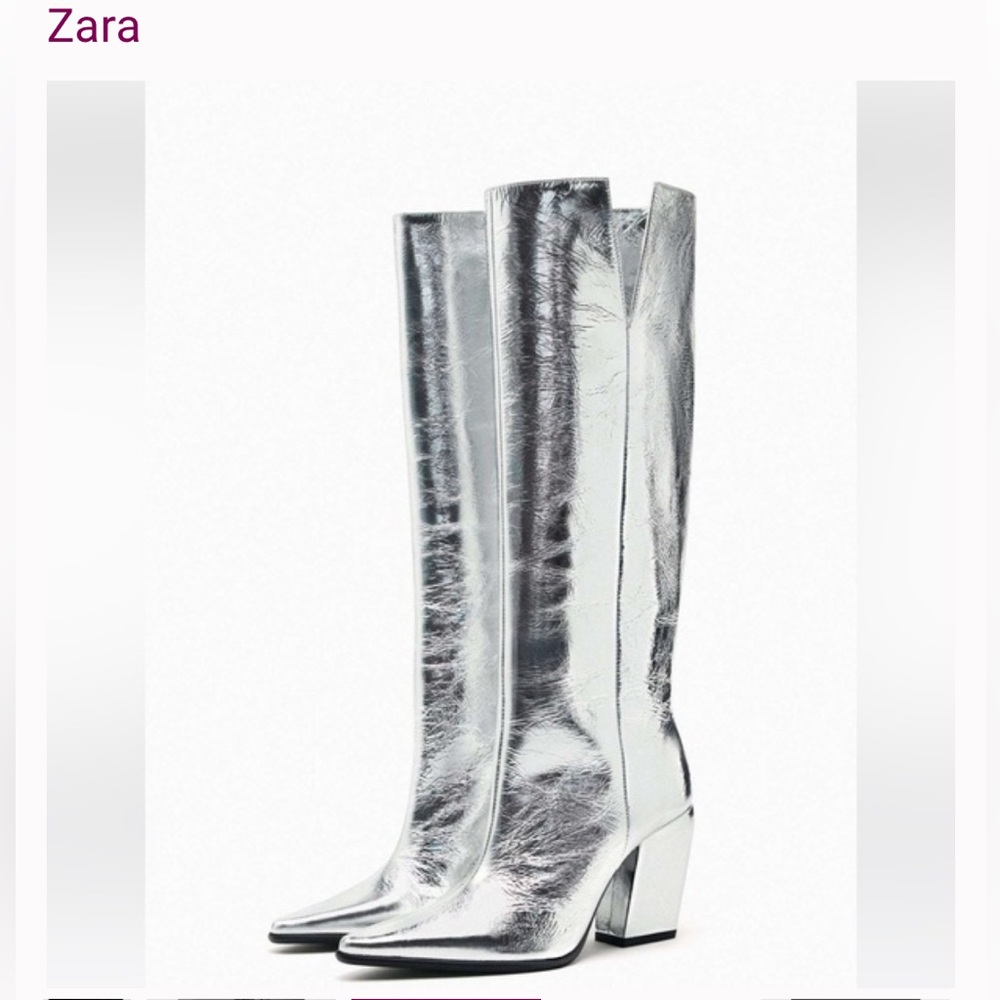 Zara Silver Tall Boots Size 36 or Women’s 6 With Chunky Heel.